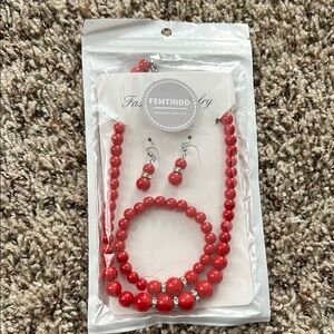 NWT 3 piece red pearl jewelry set